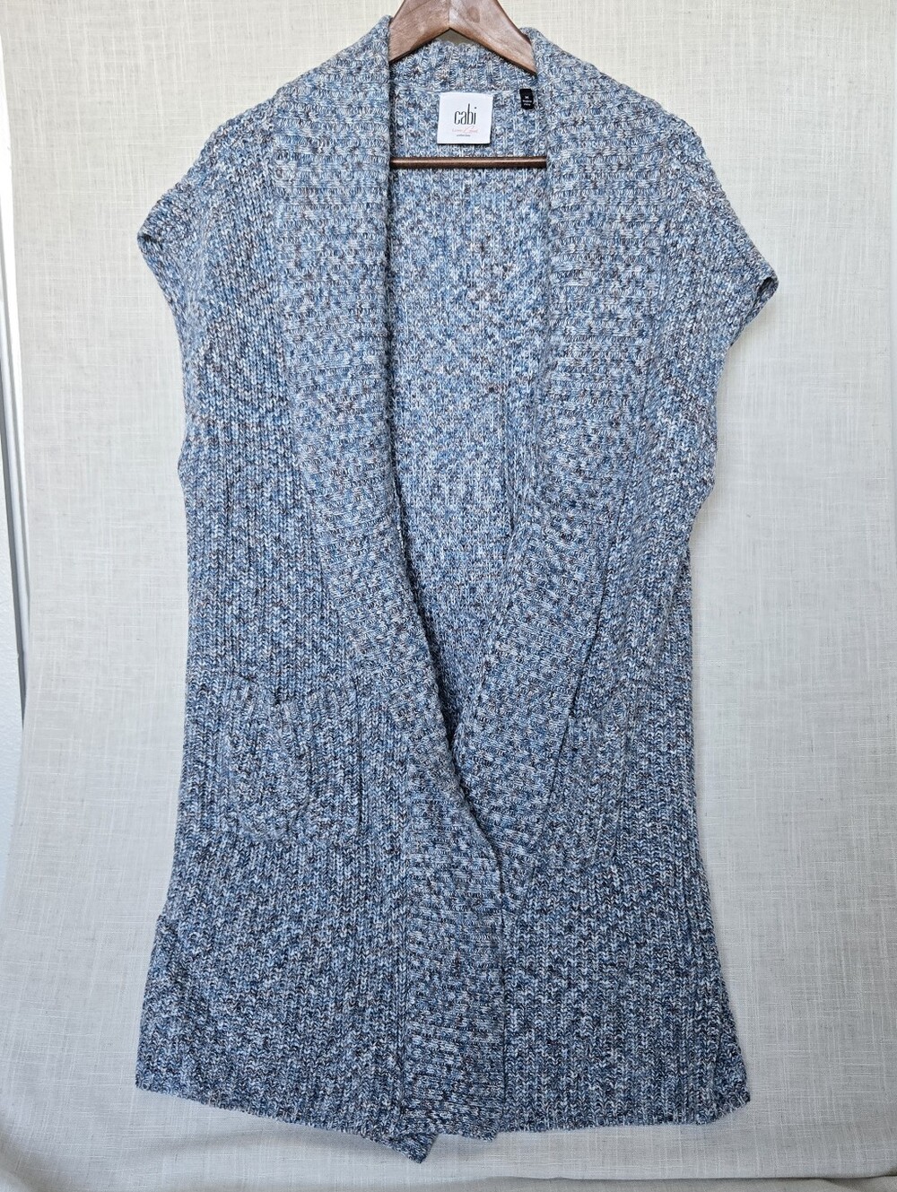 CAbi #3165 "Napa" Knit OpenFront Sleeveless Long Cardigan Light Blue Womens Sz M